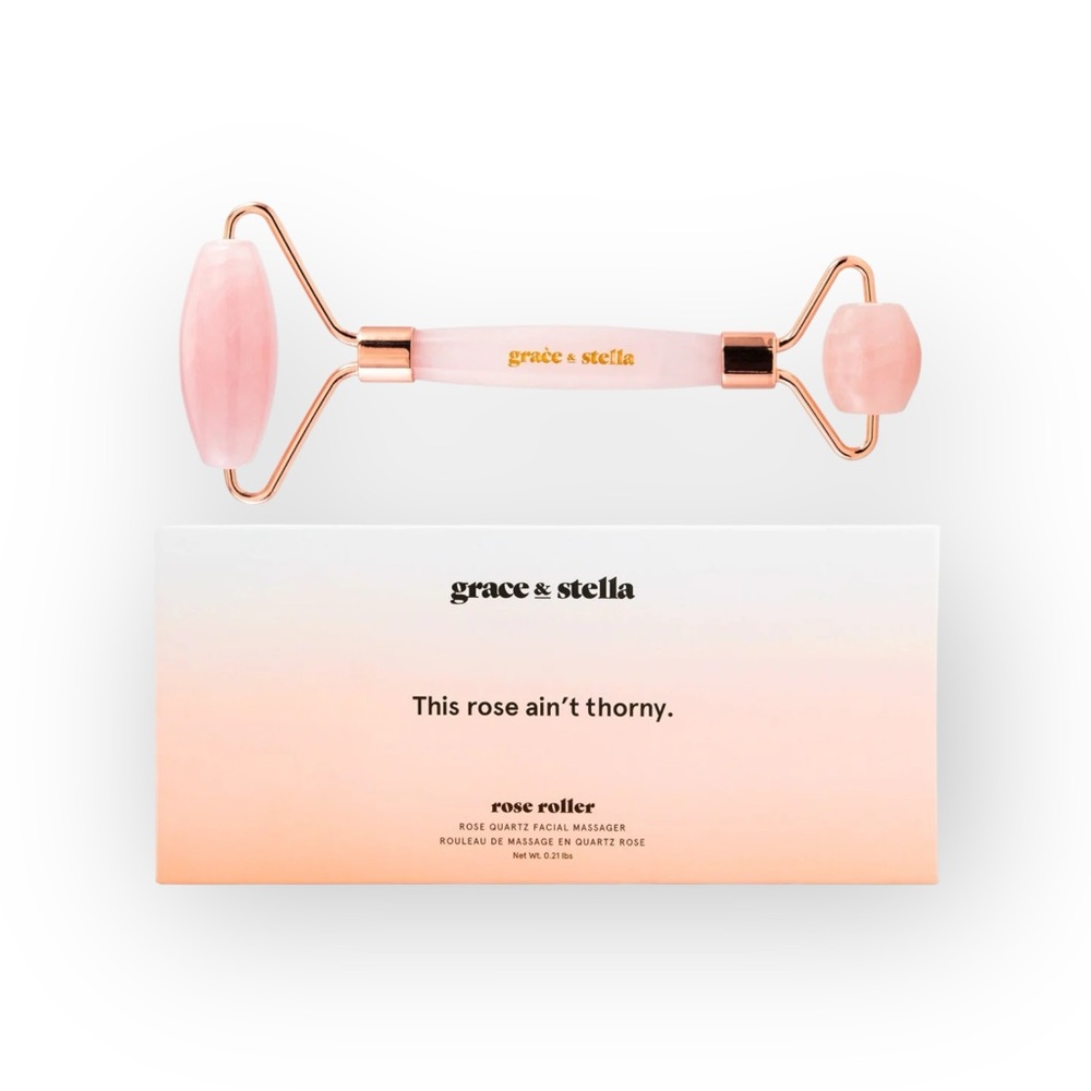 new Grace & Stella ㋛ Pink Rose Quartz Face Roller ㋛ Rose Gold ㋛ Self Care in Box
